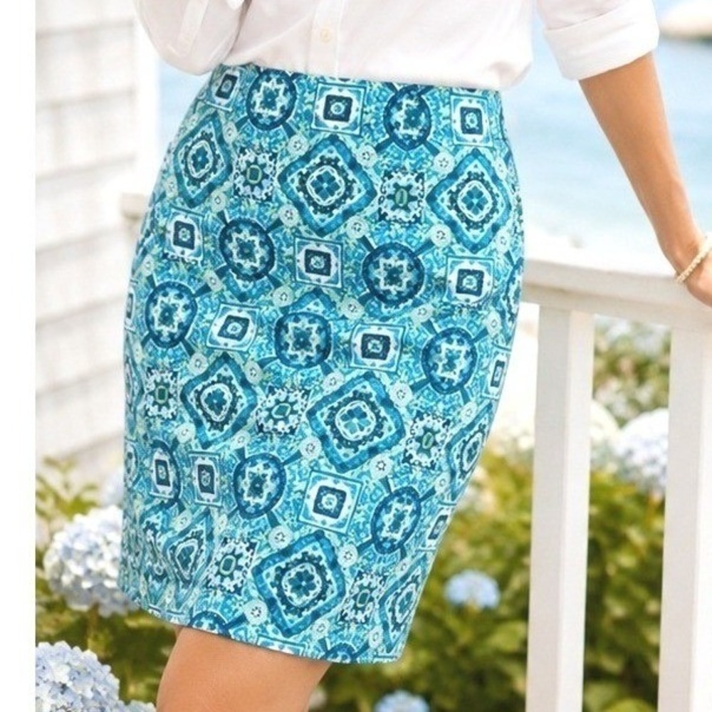 Talbots Blue Coastal Tile Print Pencil Skirt Size 8 Summer Preppy
